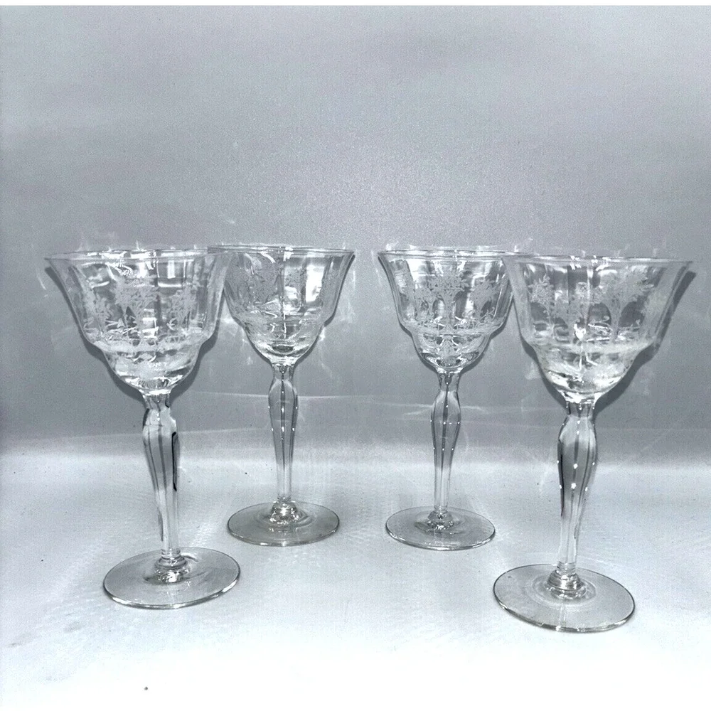 4 Champagne Coupes Sherbet Glasses Margantown Mayfair Cordial Floral Etched